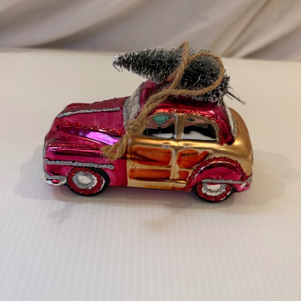 Pottery Barn Mercury Glass Woodie Car w/ Bottle Brush Tree Christmas Ornament